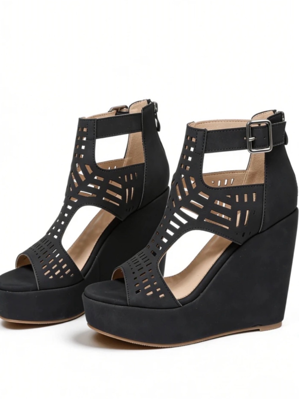 Black Women’s Cutout Wedge Sandals - Stylish Ankle Buckle